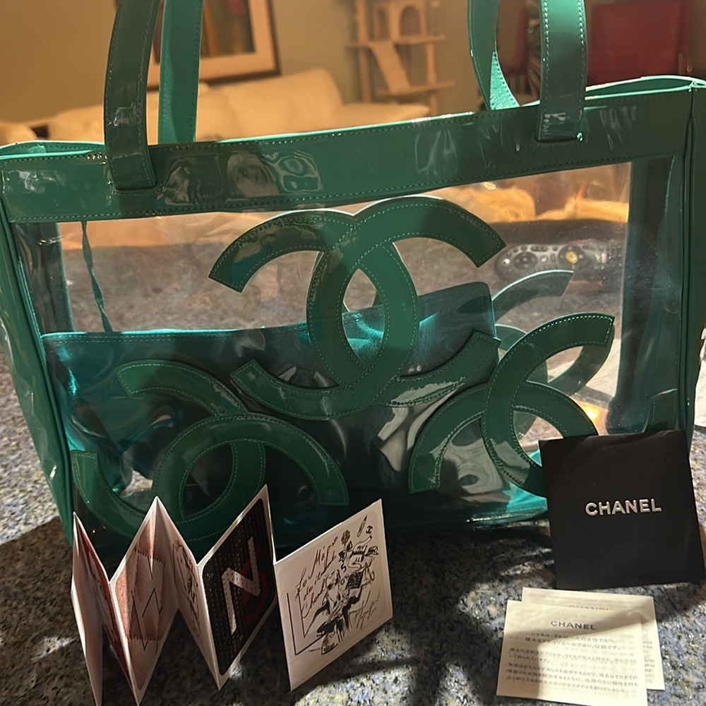 CHANEL triple C’s Teal Transparent Tote